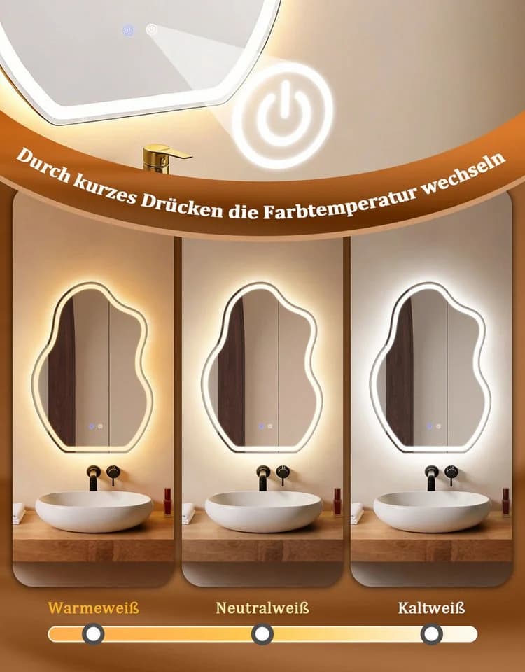 Nettlife Badspiegel mit LED-Beleuchtung, weiß, asymmetrisch, dimmbar - Bild 1
