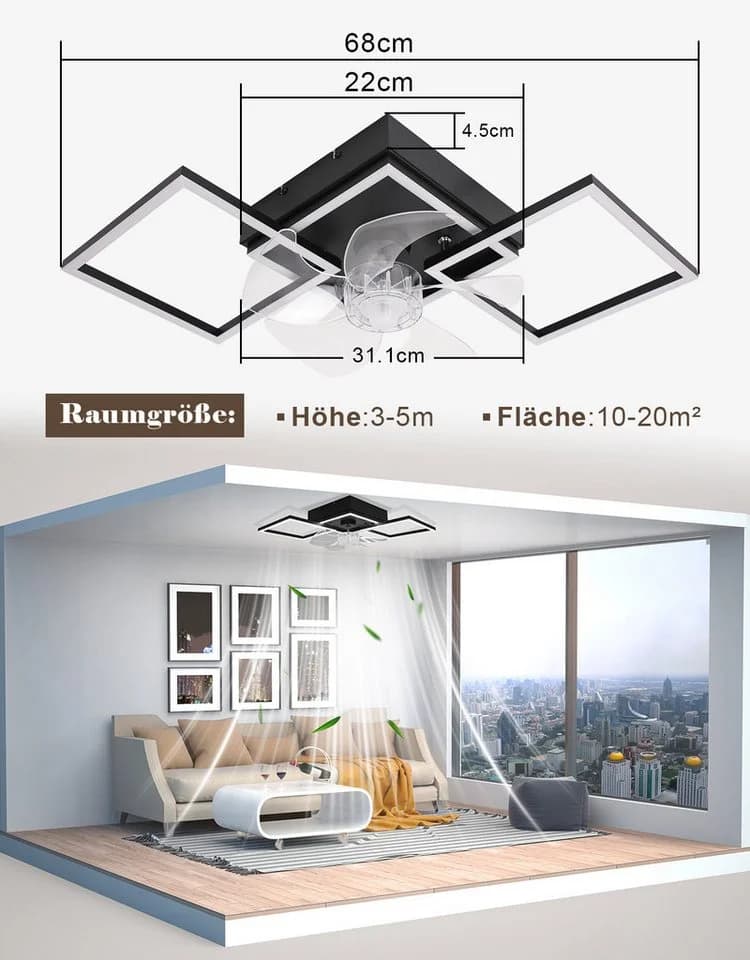 Nettlife Deckenventilator mit LED-Beleuchtung Schwarz 6 Stufen Fernbedienung - Bild 3
