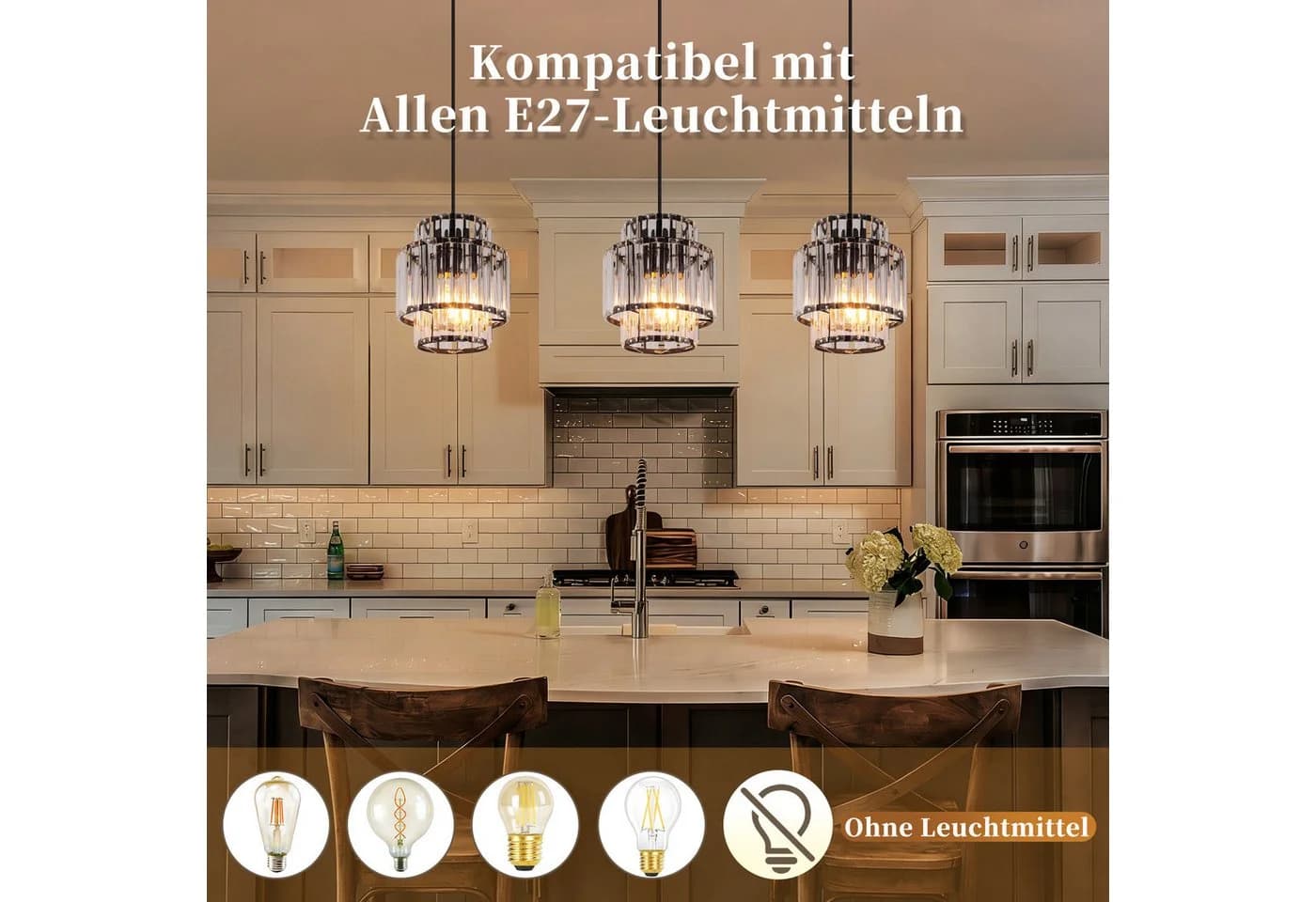 Nettlife Pendelleuchte Glas Kristall E27 Höhenverstellbar Schwarz