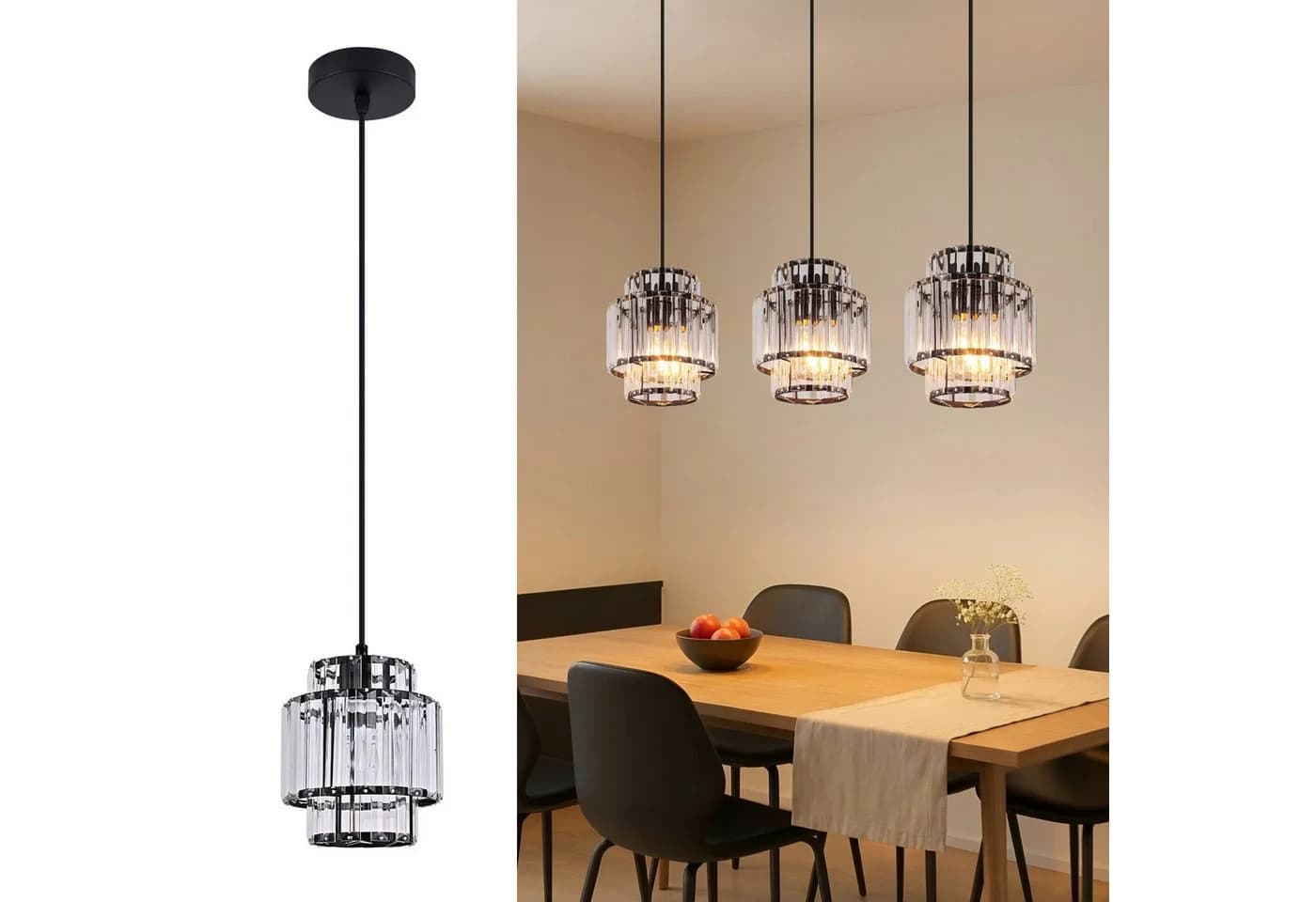 Nettlife Pendelleuchte Glas Kristall E27 Höhenverstellbar Schwarz - Bild 2