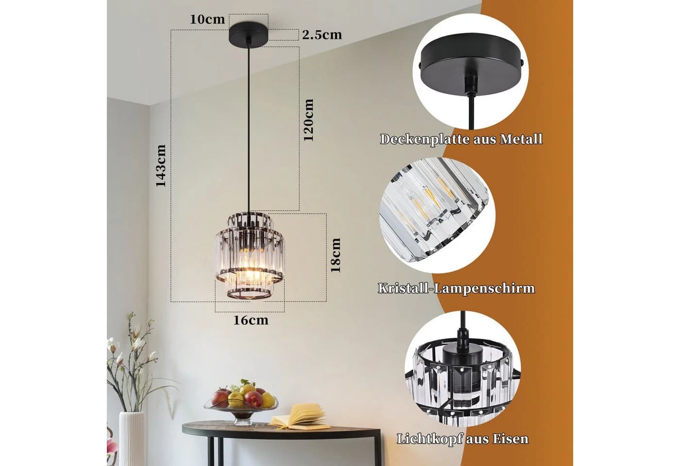 Nettlife Pendelleuchte Glas Kristall E27 Höhenverstellbar Schwarz - Bild 3