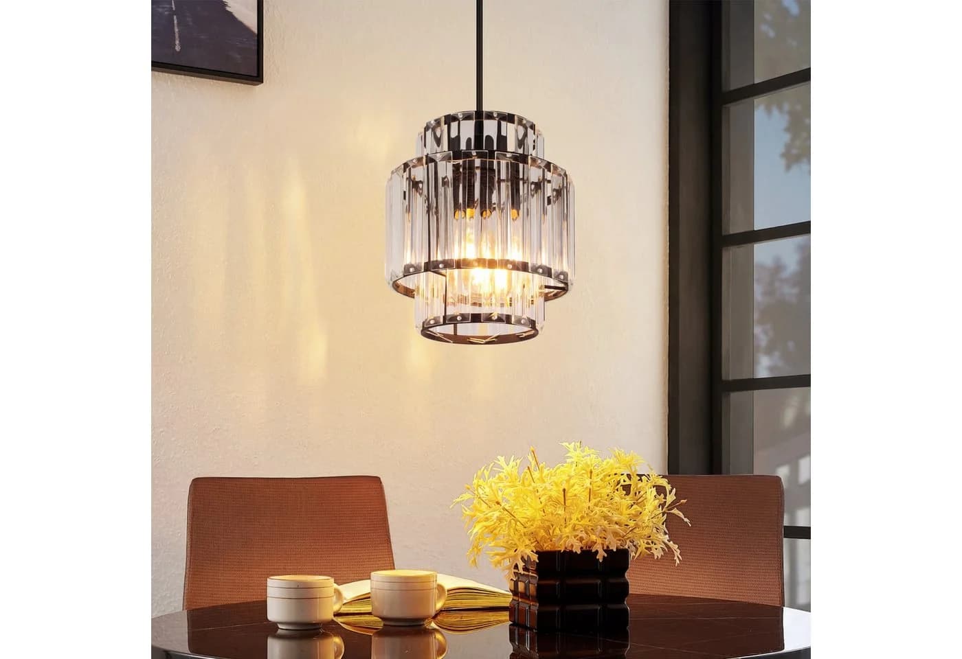 Nettlife Pendelleuchte Glas Kristall E27 Höhenverstellbar Schwarz - Bild 4