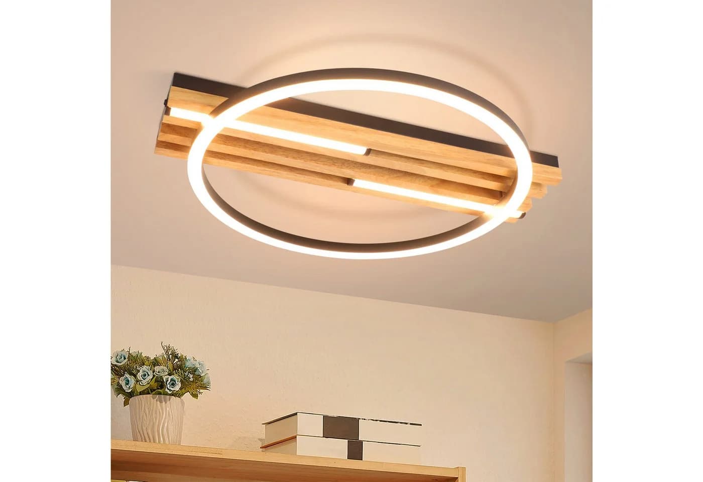 Nettlife LED Deckenleuchte Dimmbar Holz Schwarz 3 Ringe 70cm - Bild 2