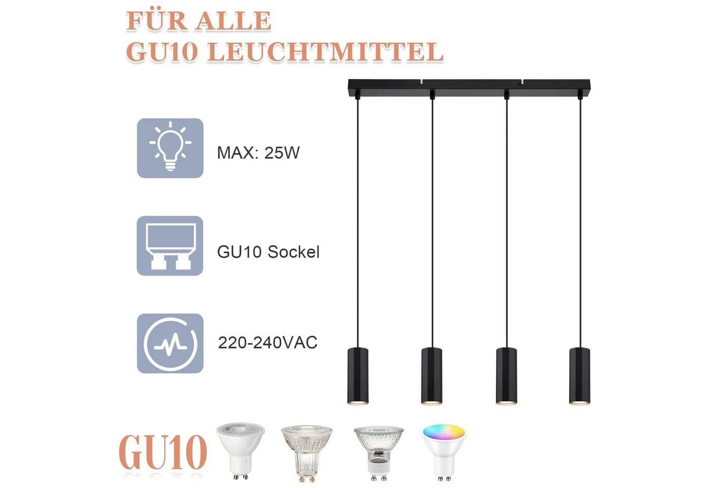 Nettlife Pendelleuchte Schwarz GU10 Modern Metall - Bild 4
