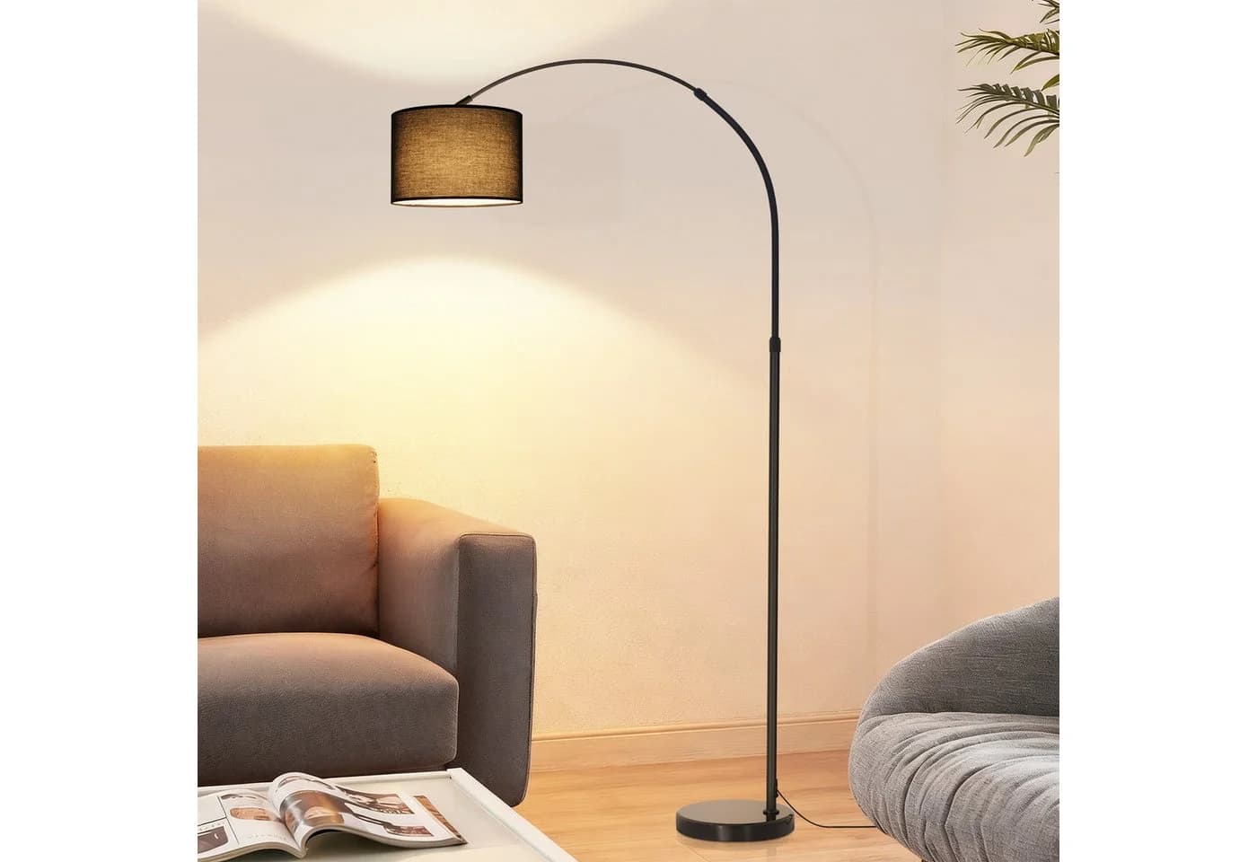 Nettlife Stehlampe Marmorsockel Bogenlampe Schwarz Stoffschirm - Bild 2