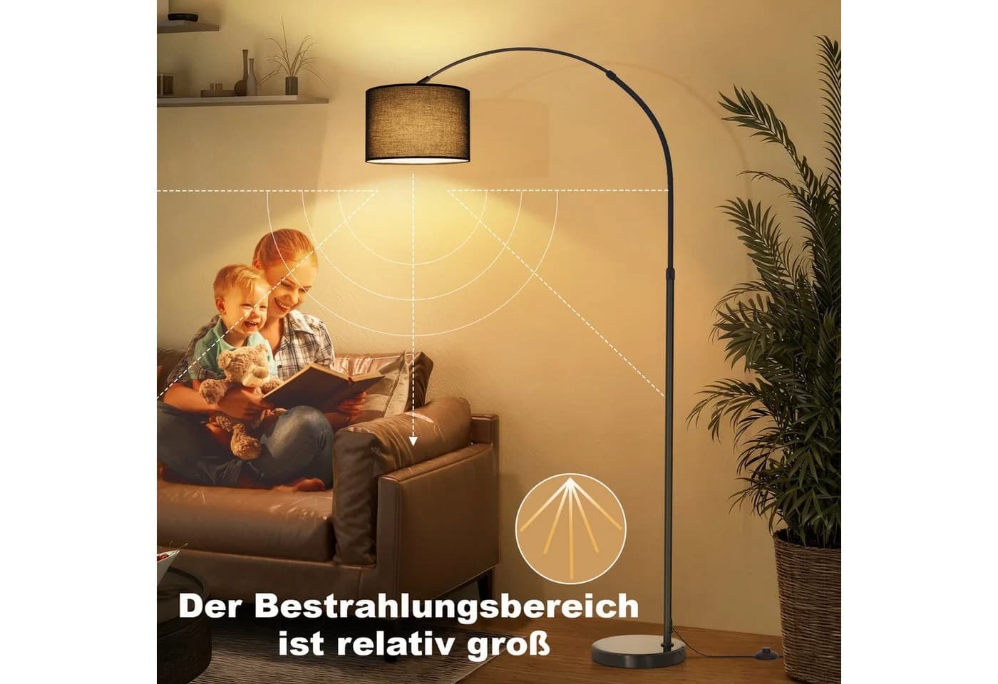 Nettlife Stehlampe Marmorsockel Bogenlampe Schwarz Stoffschirm - Bild 5