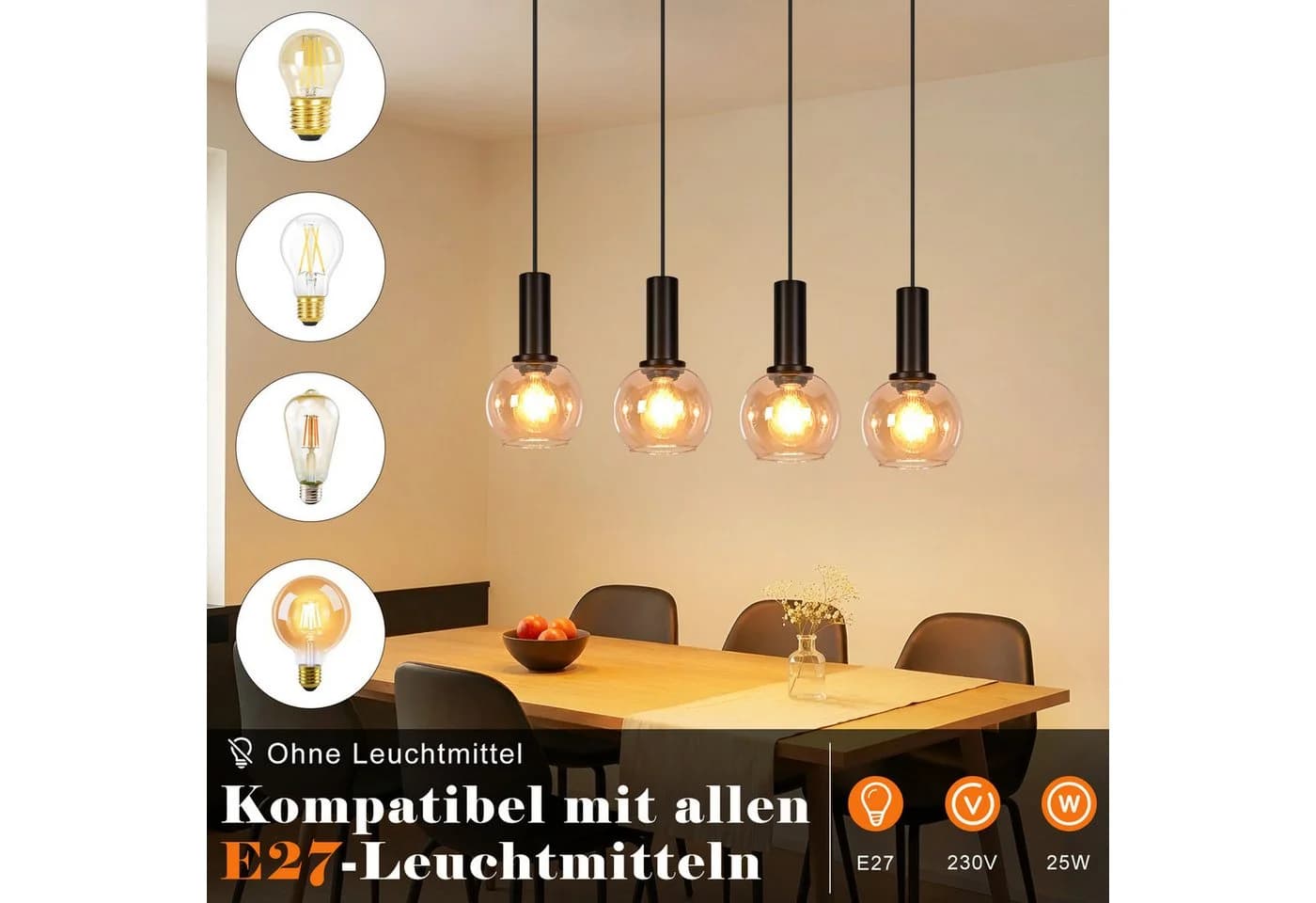 Nettlife Pendelleuchte Vintage Industrial Schwarz Rauchgrau Glas E27