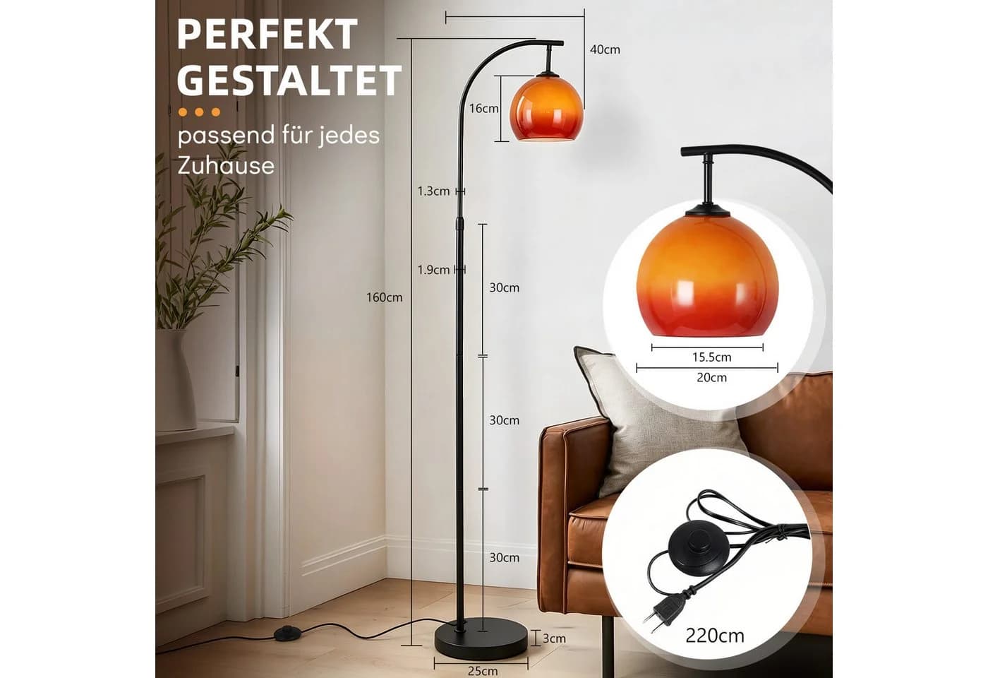 Nettlife Stehlampe Bogen Schwarz E27 Fußschalter - Bild 4