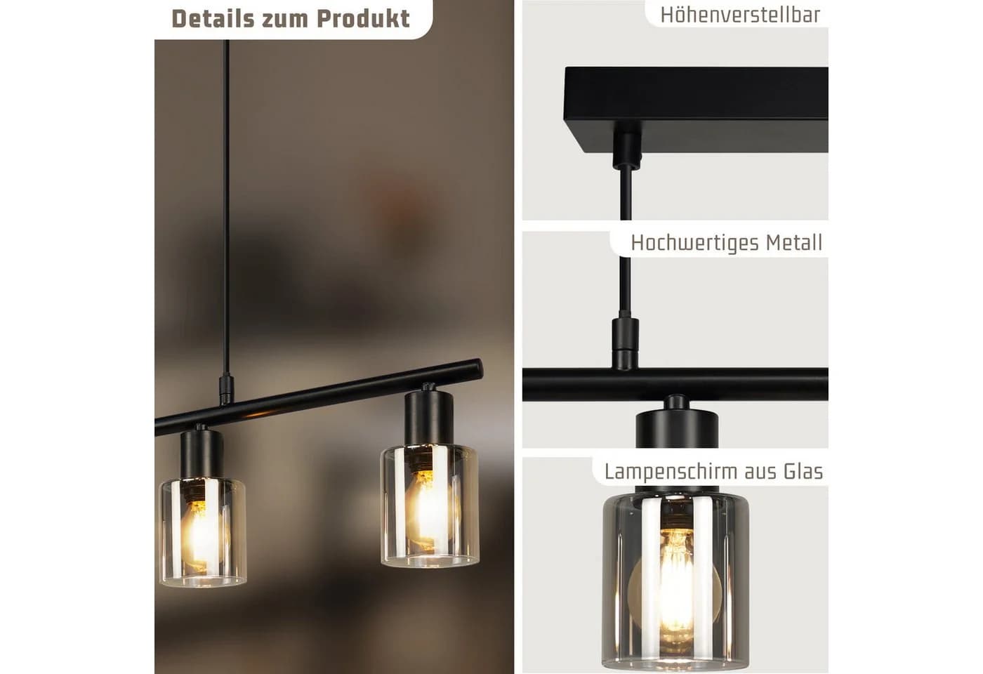 Nettlife Pendelleuchte Retro 4-flammig Schwarz Glas Metall - Bild 5