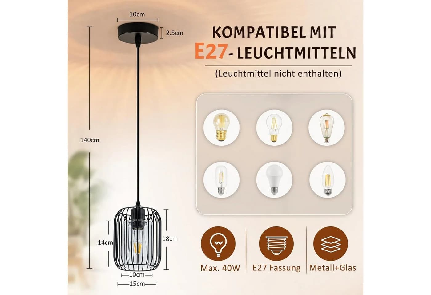 Nettlife Pendelleuchte Retro Schwarz E27 Metall Industrie Stil - Bild 3