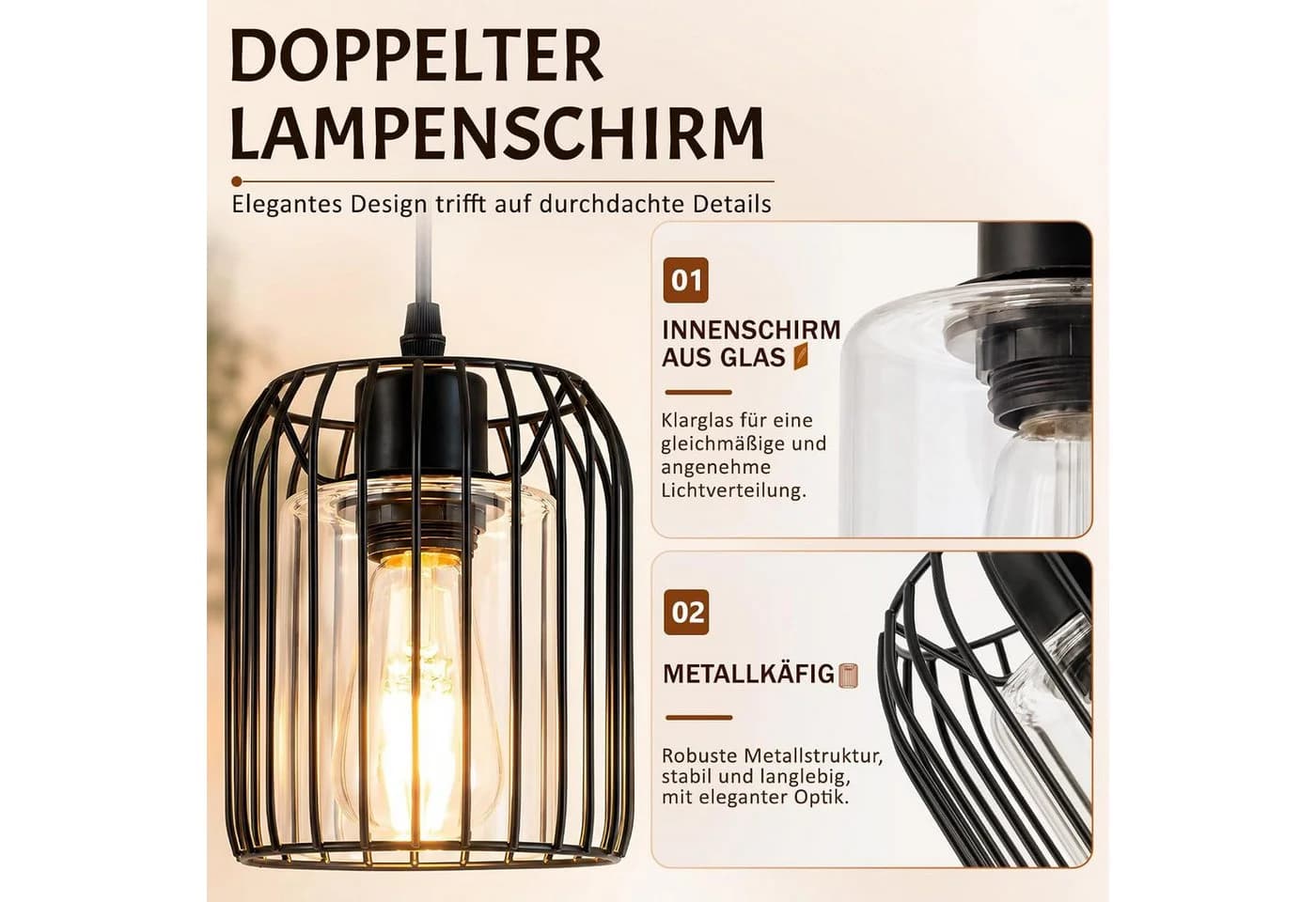 Nettlife Pendelleuchte Retro Schwarz E27 Metall Industrie Stil - Bild 4