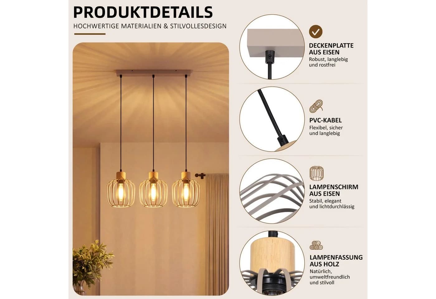 Nettlife Pendelleuchte Weiß/grau 3-flammig Holz moderne Hängelampe E27