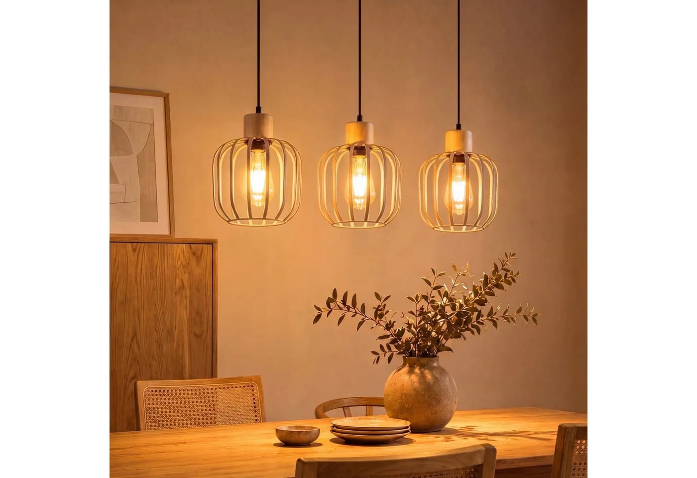 Nettlife Pendelleuchte Weiß/grau 3-flammig Holz moderne Hängelampe E27 - Bild 2