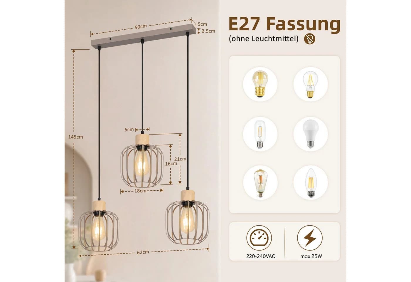 Nettlife Pendelleuchte Weiß/grau 3-flammig Holz moderne Hängelampe E27 - Bild 3