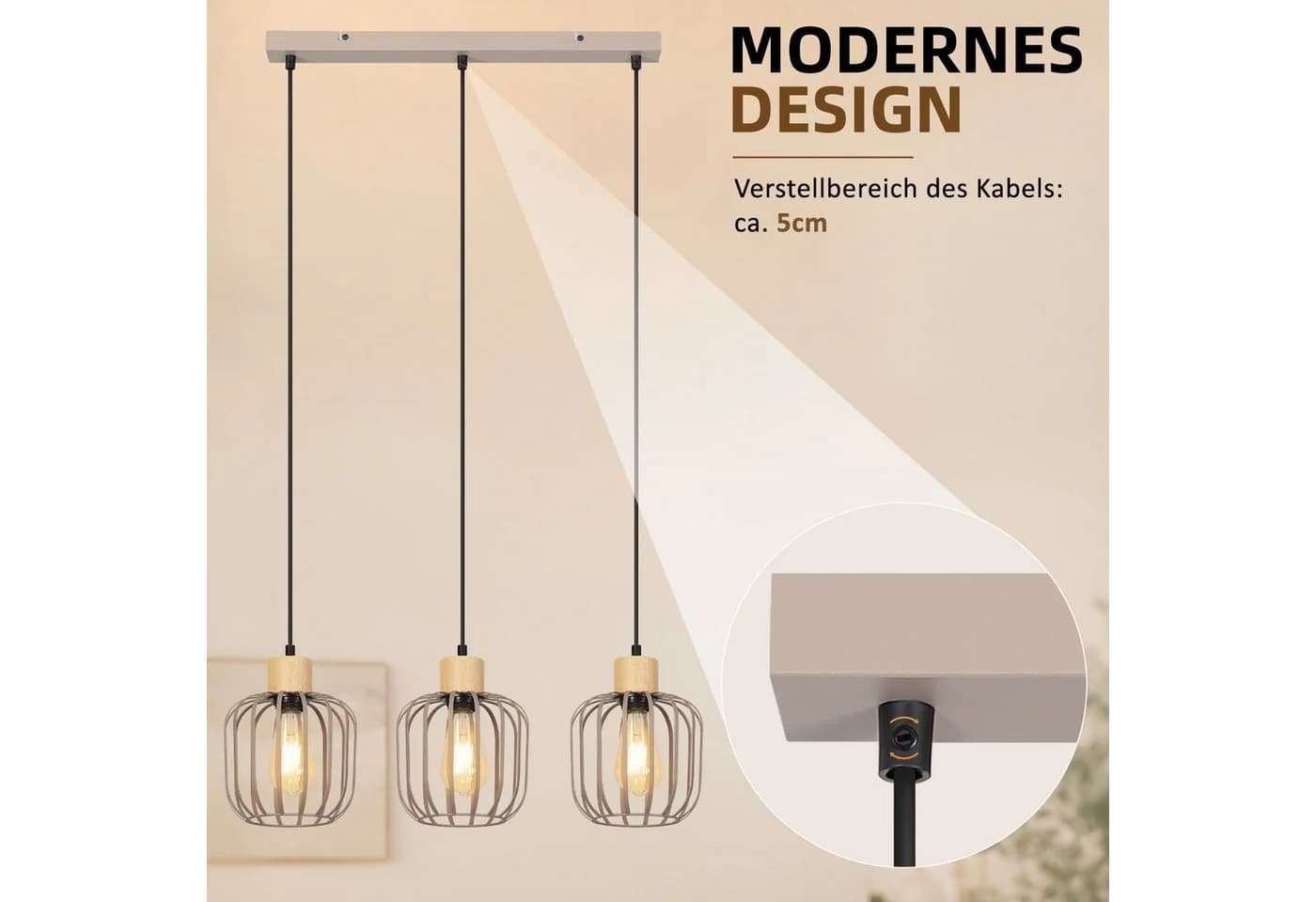 Nettlife Pendelleuchte Weiß/grau 3-flammig Holz moderne Hängelampe E27 - Bild 4