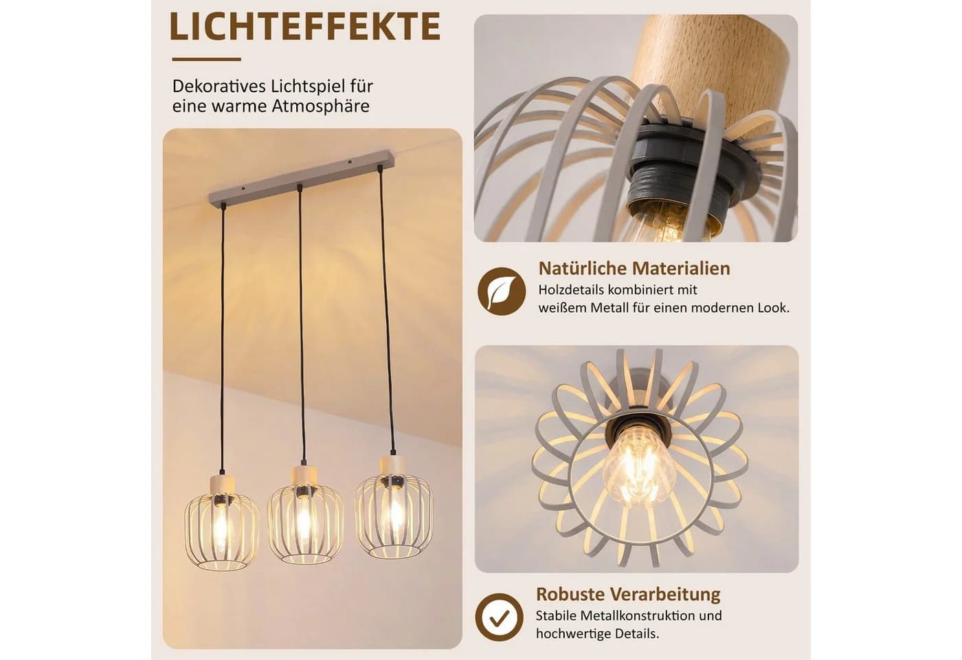 Nettlife Pendelleuchte Weiß/grau 3-flammig Holz moderne Hängelampe E27 - Bild 5