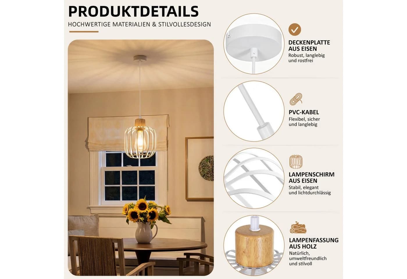 Nettlife Hängeleuchte 1/3-flammig E27 Weiß/Grau Holz & Eisen