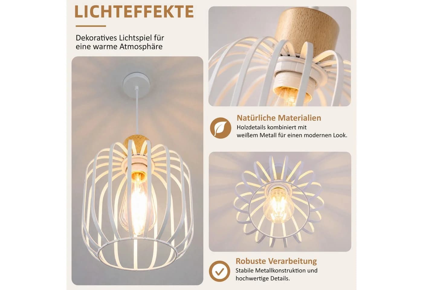 Nettlife Hängeleuchte 1/3-flammig E27 Weiß/Grau Holz & Eisen - Bild 4