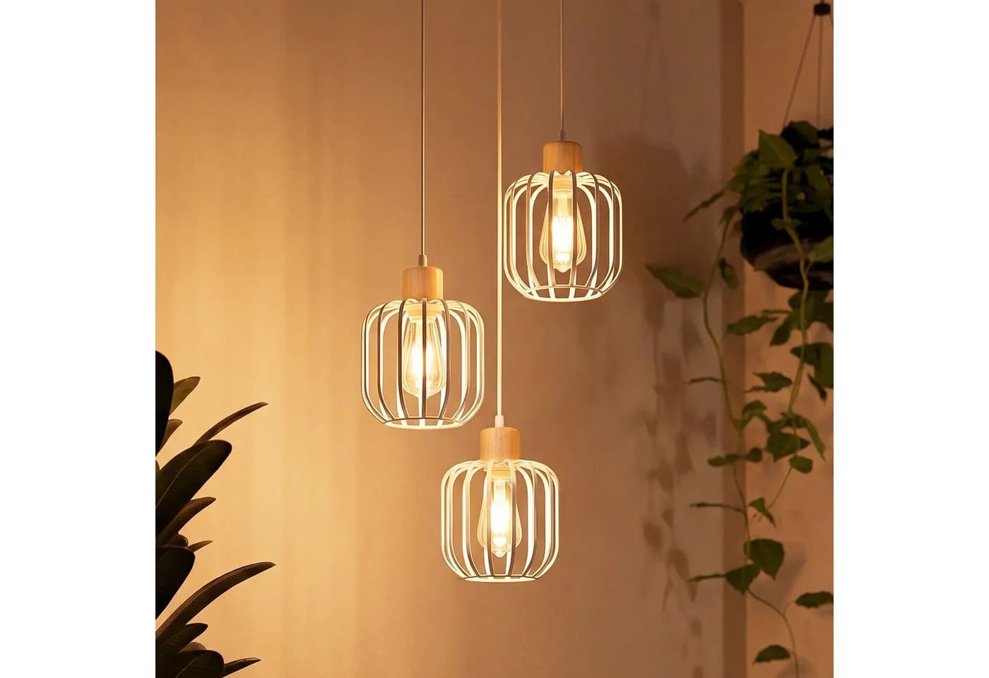 Nettlife Pendelleuchte 3-flammig Weiß/Grau Holz & Metall E27 - Bild 2