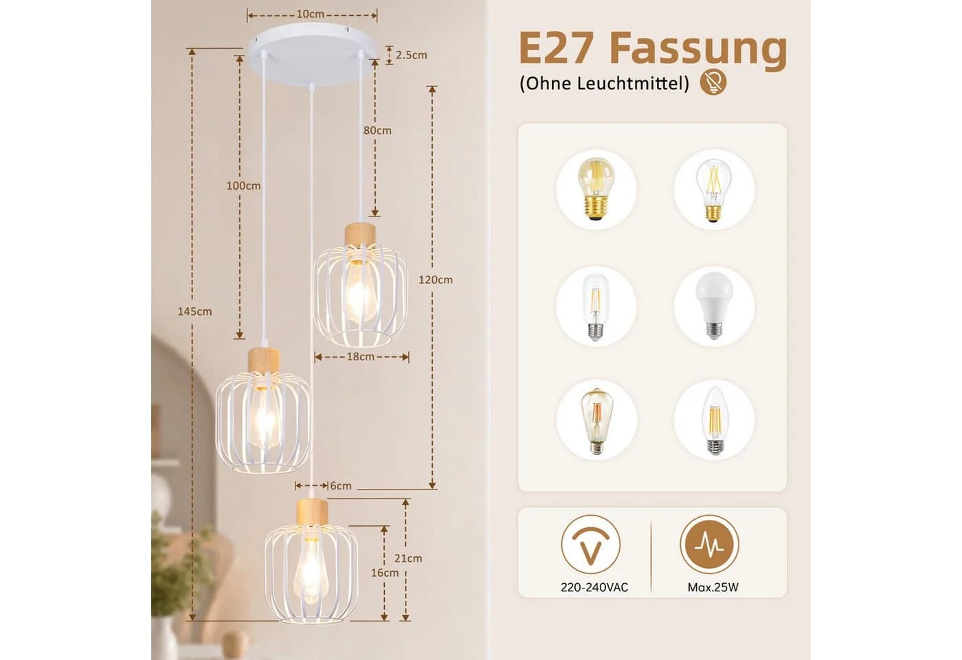 Nettlife Pendelleuchte 3-flammig Weiß/Grau Holz & Metall E27 - Bild 3