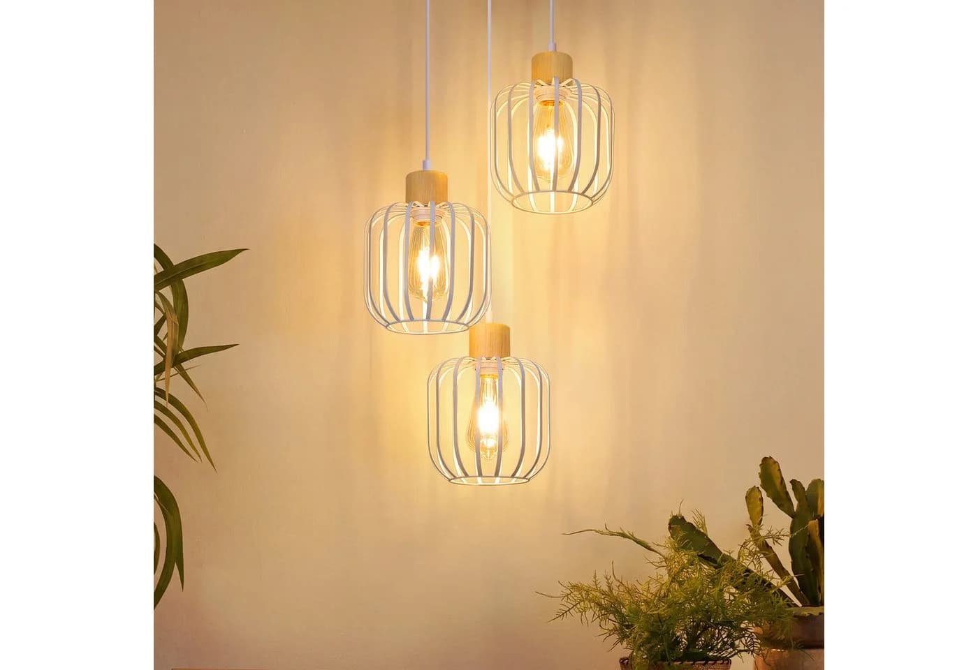 Nettlife Pendelleuchte 3-flammig Weiß/Grau Holz & Metall E27 - Bild 5