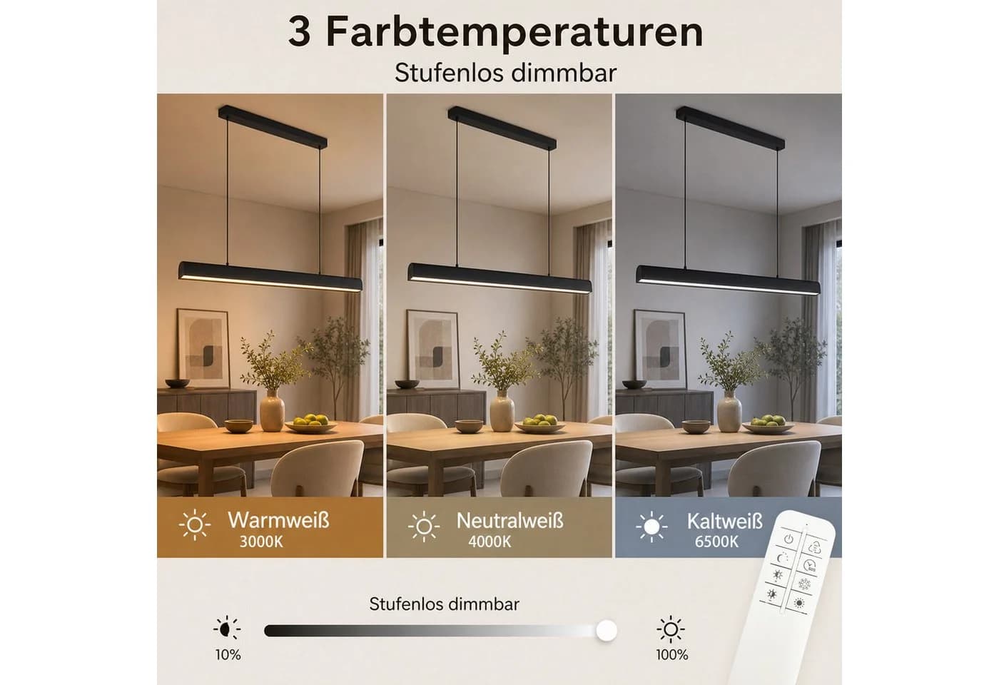 Nettlife LED Pendelleuchte Modern Schwarz Fernbedienung Dimmbar