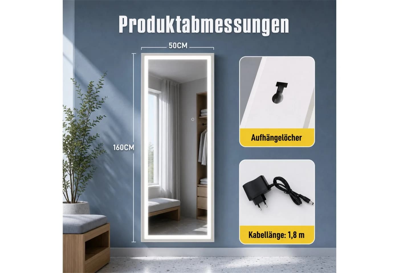 Nettlife Ganzkörperspiegel mit LED-Beleuchtung Sandweiß - Bild 3
