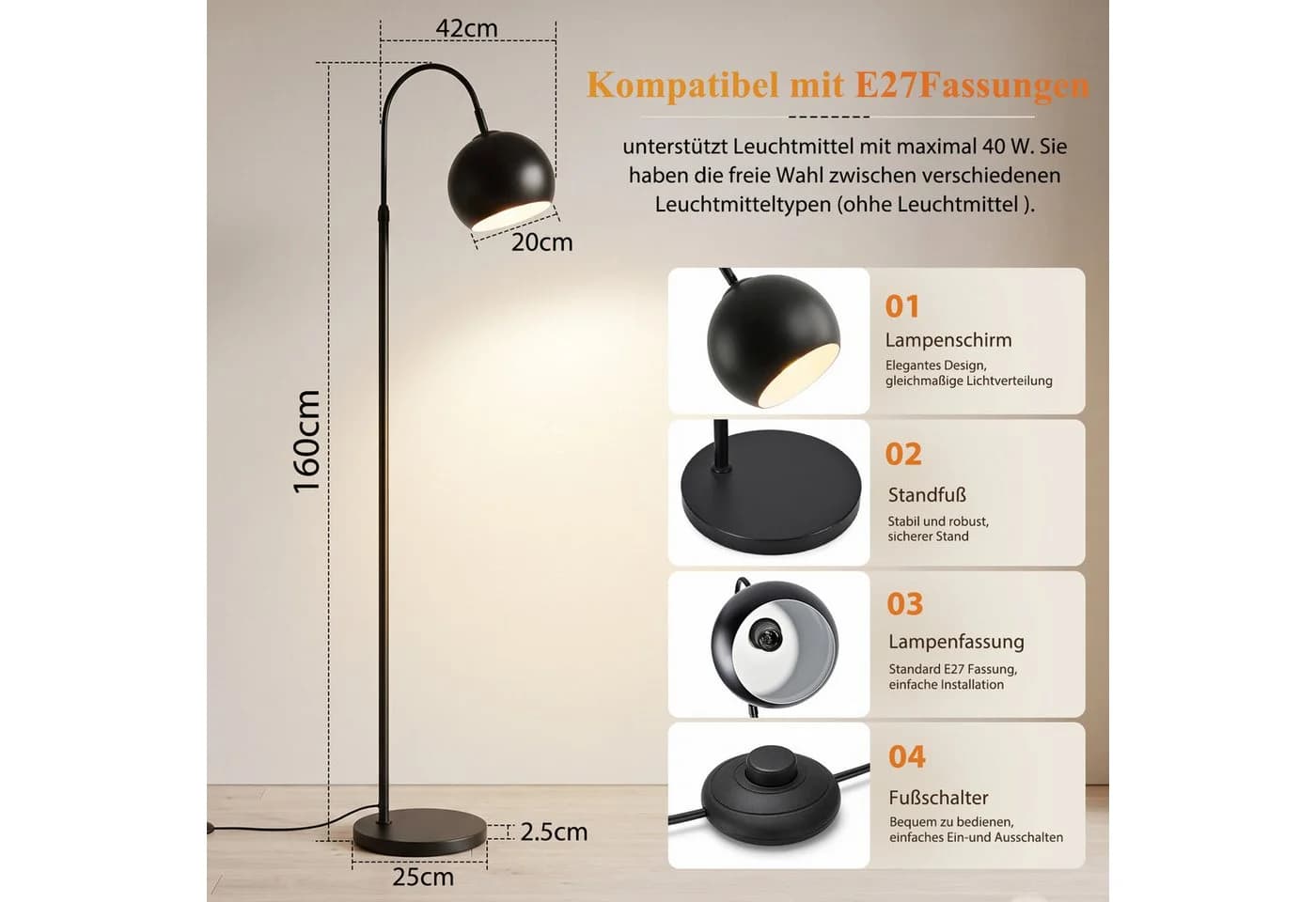 Nettlife Stehlampe Bogenlampe Schwarz/Antik Bronze Retro E27 - Bild 3