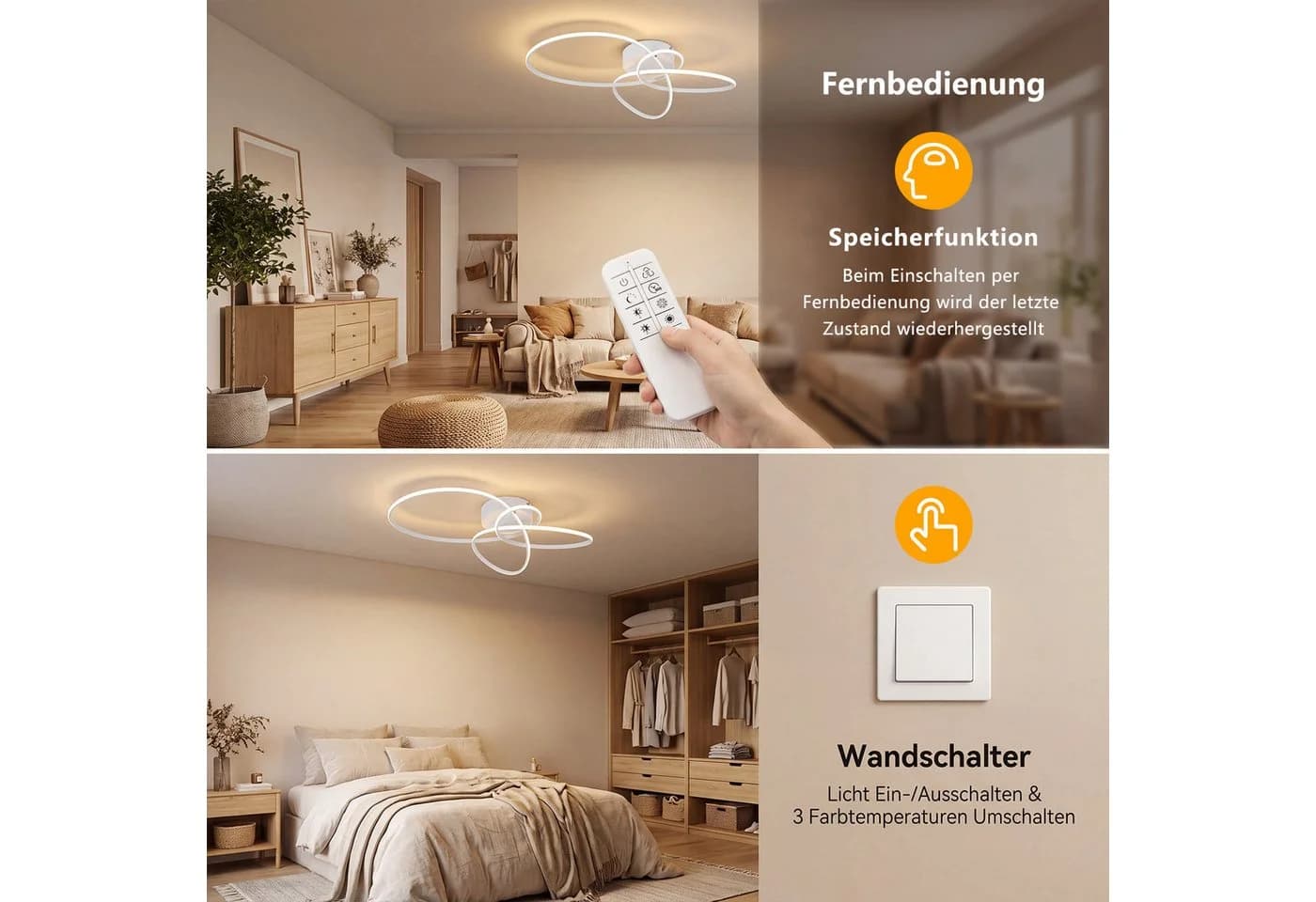 Nettlife LED Deckenleuchte Schwarz/Weiß Modern Dimmbar mit Fernbedienung - Bild 3