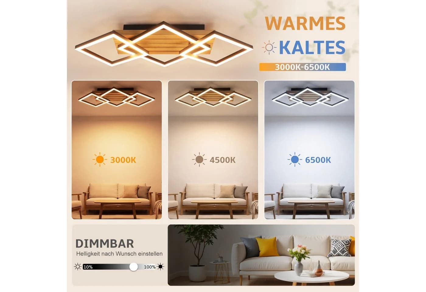 Nettlife LED Deckenleuchte Schwarz Braun Holz Metall Dimmbar Fernbedienung