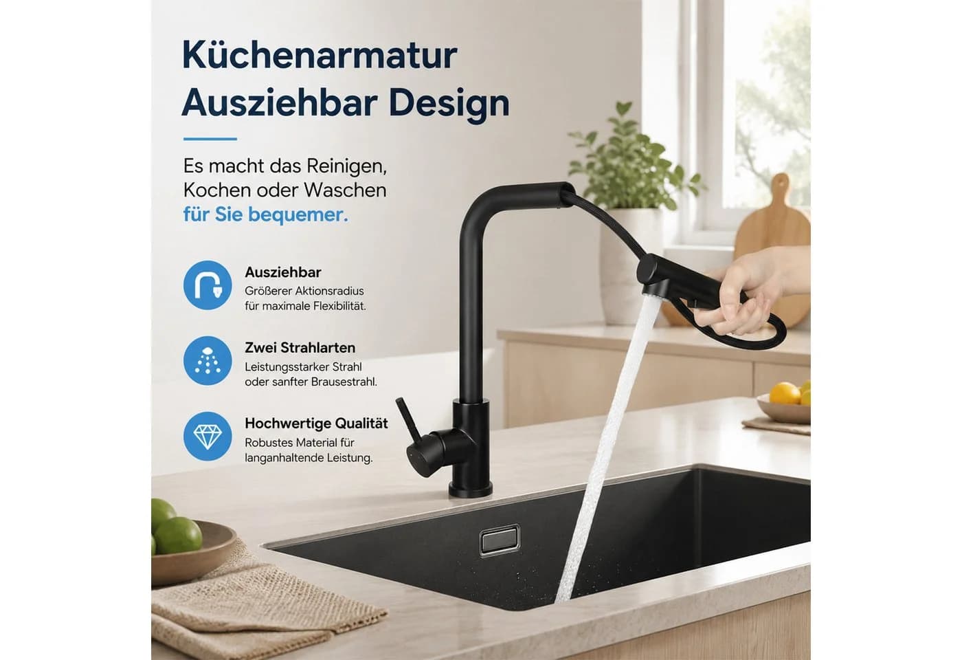 Ledklang Spültischarmatur Schwarz Edelstahl 360° drehbar Ausziehbar - Bild 4