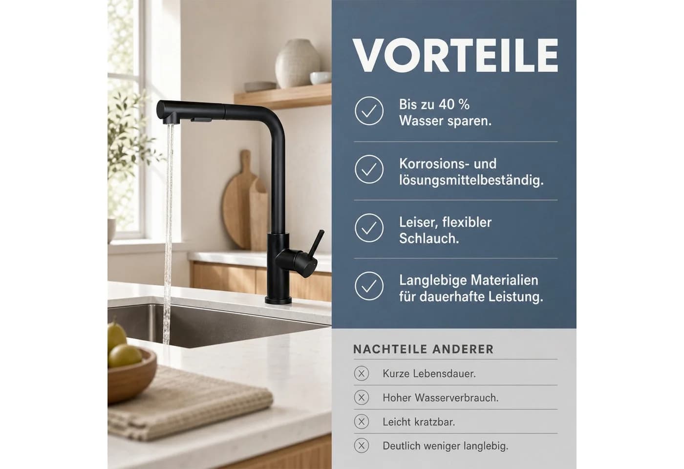 Ledklang Spültischarmatur Schwarz Edelstahl 360° drehbar Ausziehbar - Bild 5