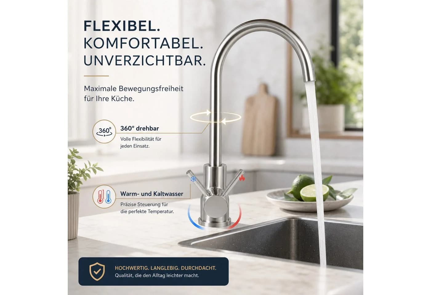 Ledklang Küchenarmatur Edelstahl 360° schwenkbar silber/schwarz