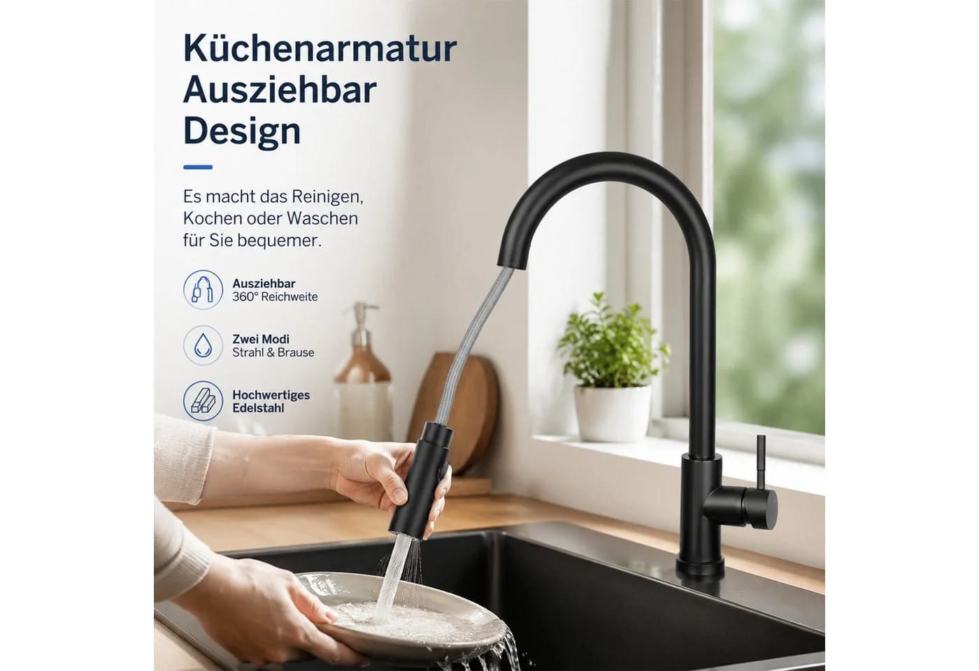 Ledklang Küchenarmatur ausziehbar Schwarz/Silber 360° schwenkbar - Bild 5