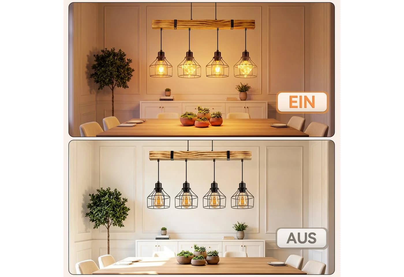 Nettlife Pendelleuchte 3-flammig Holz Schwarz Retro Industrial