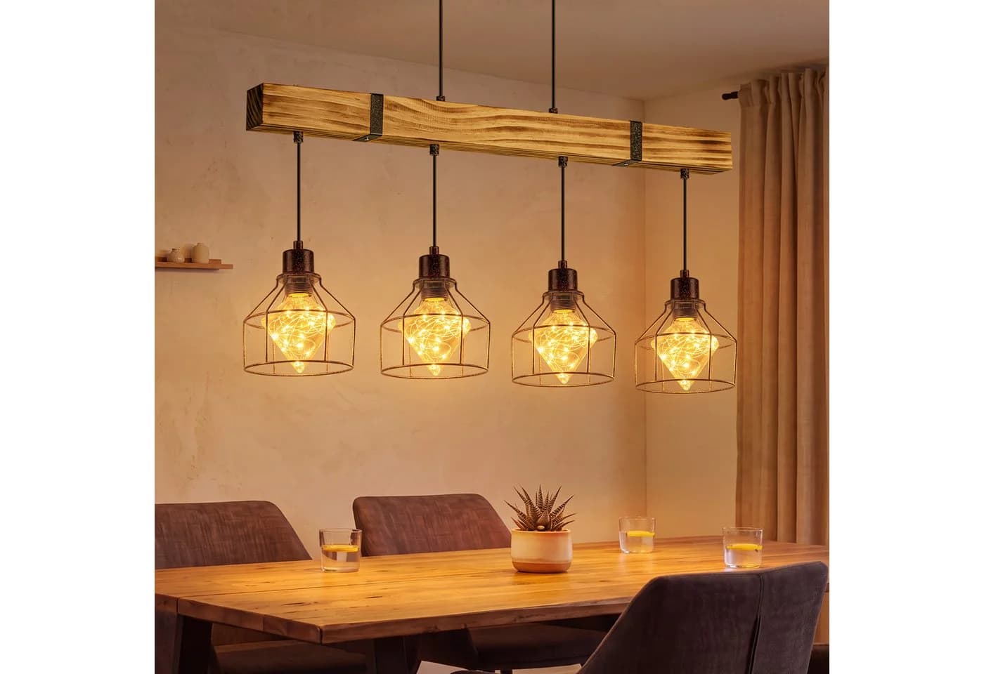Nettlife Pendelleuchte 3-flammig Holz Schwarz Retro Industrial - Bild 2
