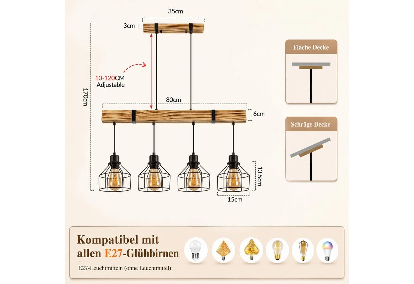 Nettlife Pendelleuchte 3-flammig Holz Schwarz Retro Industrial - Bild 3