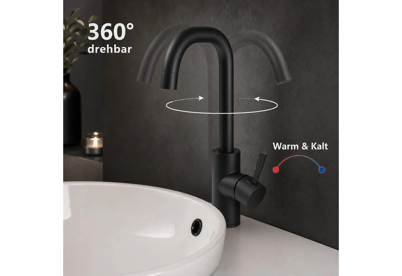 Ledklang Waschtischarmatur Schwarz/Silber Edelstahl 360° schwenkbar - Bild 3