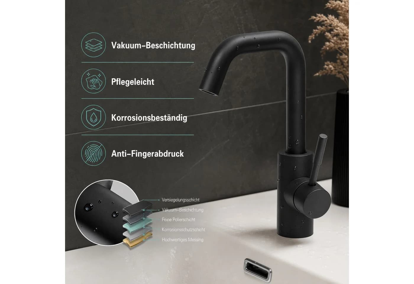 Ledklang Waschtischarmatur Schwarz/Silber Edelstahl 360° schwenkbar - Bild 5