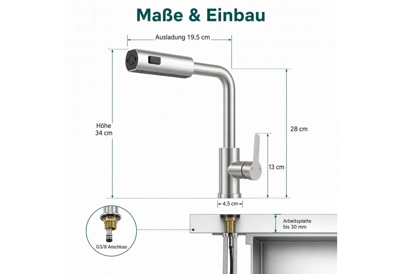 Ledklang Küchenarmatur Schwarz/Silber Edelstahl Optik ausziehbar - Bild 3