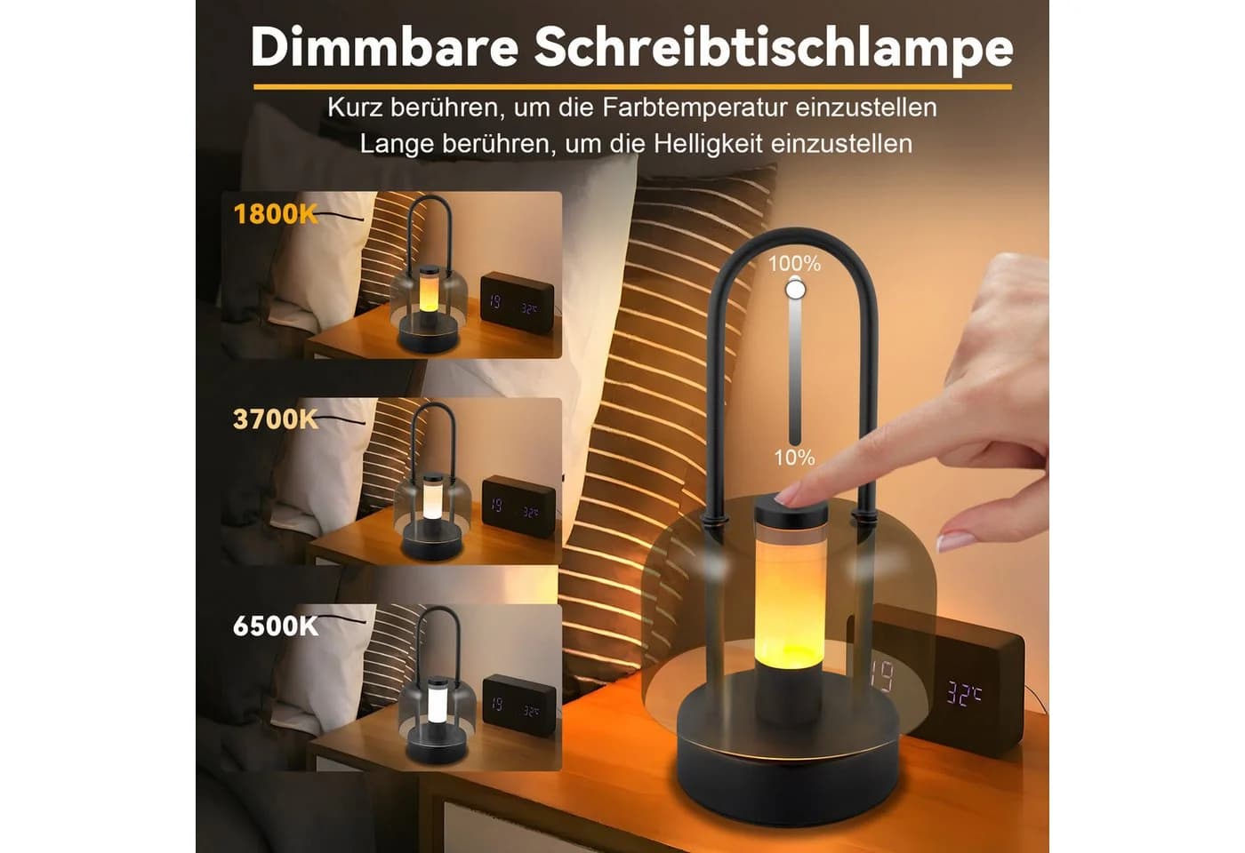Nettlife LED Nachttischlampe Kabellos Schwarz Touch Dimmbar USB-C