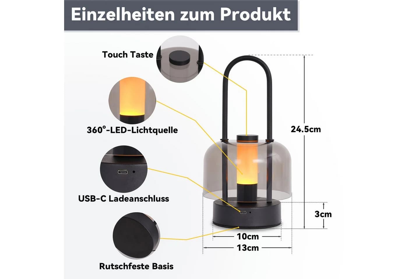 Nettlife LED Nachttischlampe Kabellos Schwarz Touch Dimmbar USB-C - Bild 4