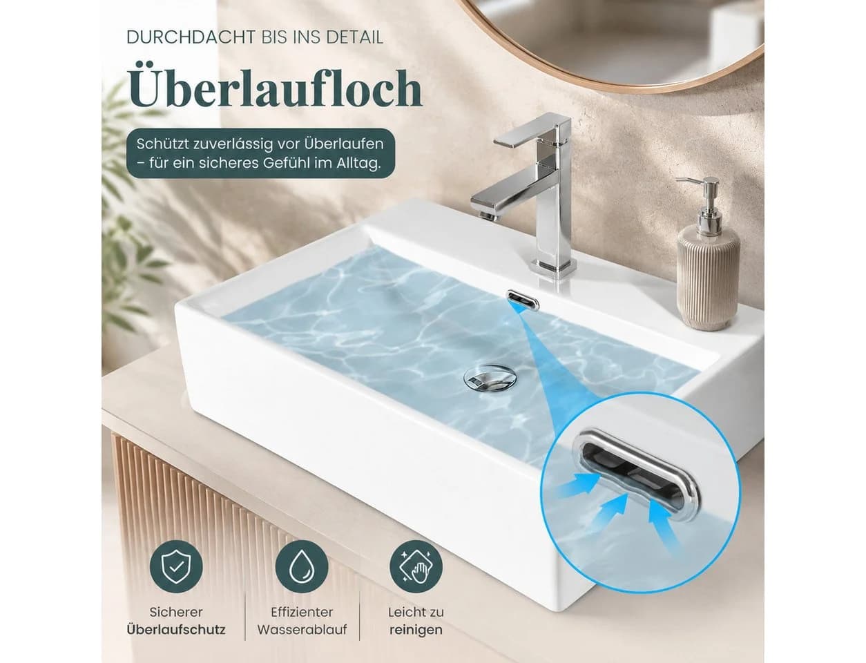 Ledklang Aufsatzwaschbecken Keramik Weiß Eckig 60x42cm - Bild 3