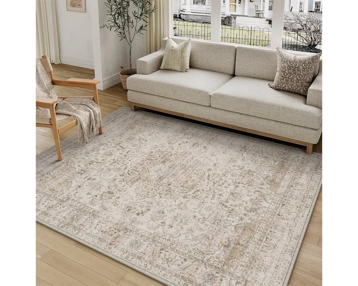 PURECOZY Vintage Boho Teppich Kurzflor Beige/Rostrot