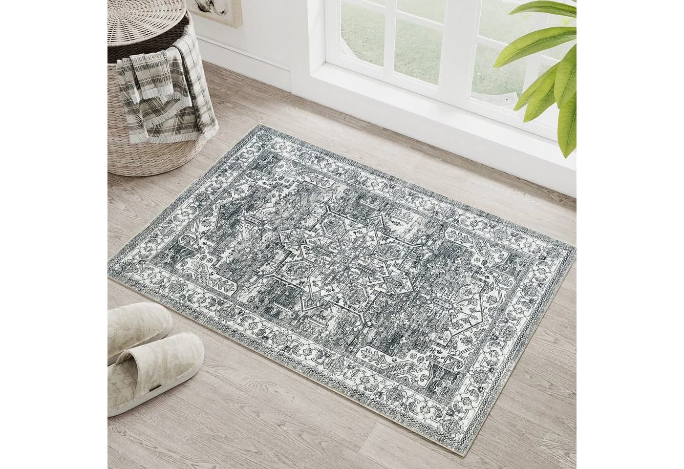 PURECOZY Teppich Kurzflor Vintage Grau Rechteckig