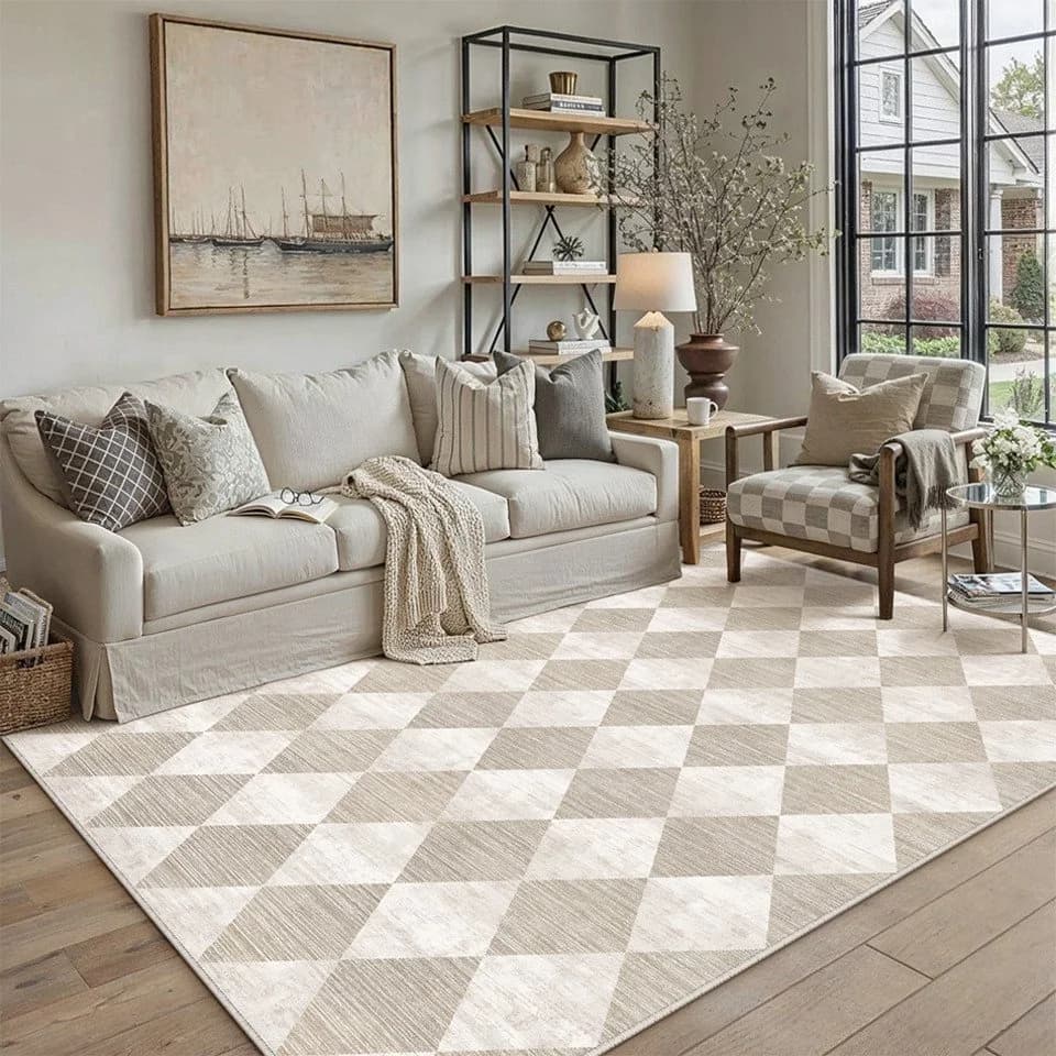 PURECOZY Teppich Kurzflor Karo Beige Grau Braun Rutschfest Waschbar - Bild 2