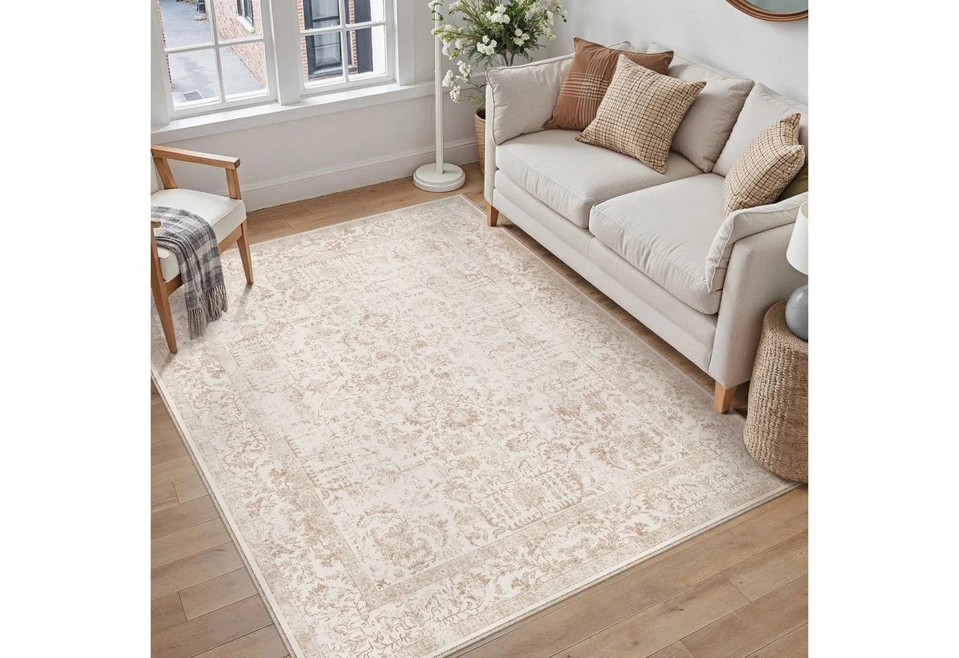 PURECOZY Teppich kurzflor Vintage-Stil Beige rutschfest