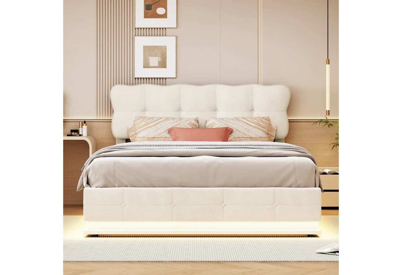 Simurq Polsterbett 140x200 Beige Samt Stauraumbett - Bild 3