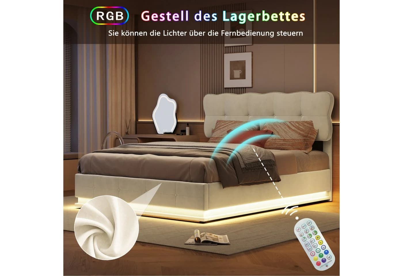 Simurq Polsterbett 140x200 Beige Samt Stauraumbett - Bild 5