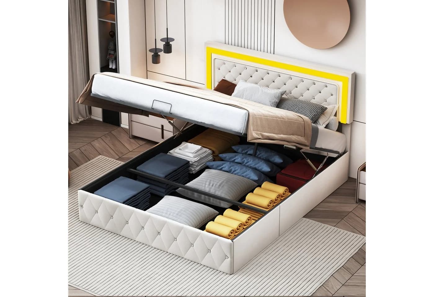 Simurq Polsterbett 140x200 Beige Samt mit Bettkasten